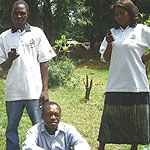 Two men and one women writing text messages on their mobile phones.